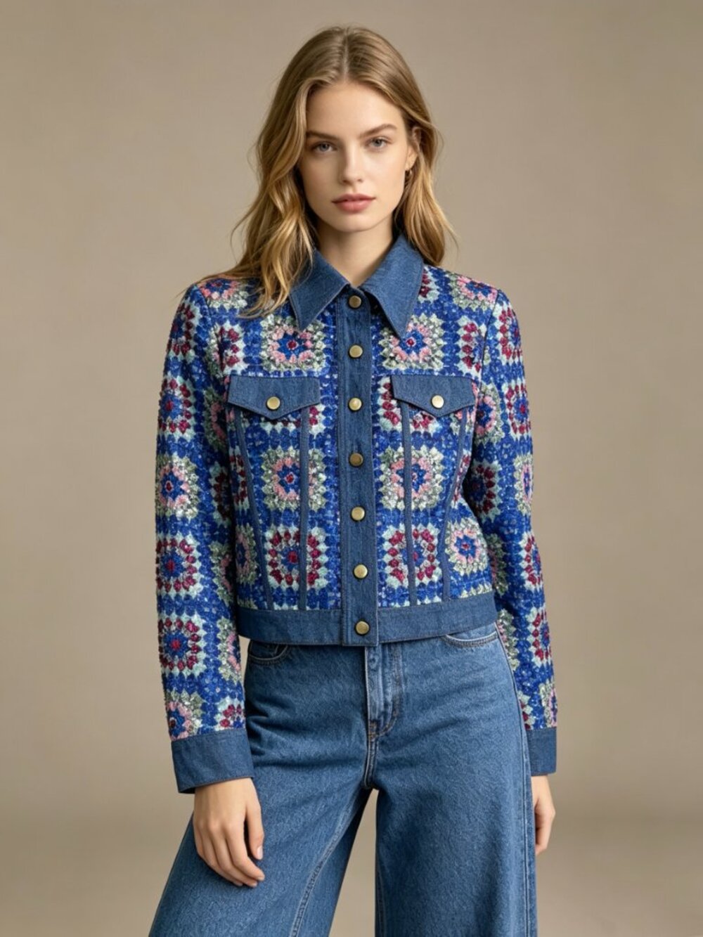 $805 NWT Manoush Sequined Denim Jacket US 6 Women's Blue